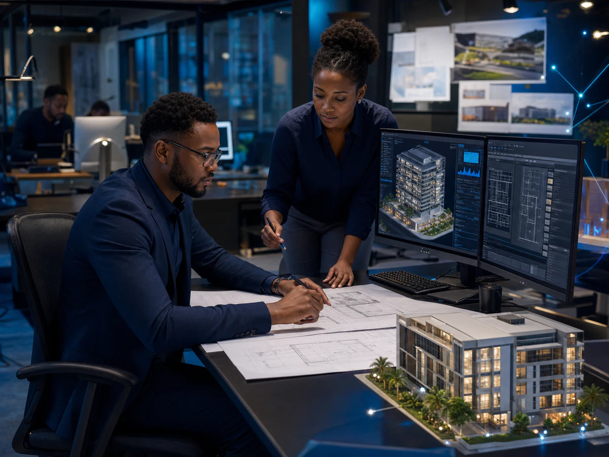 Architecture and engineering professionals collaborating over technical plans