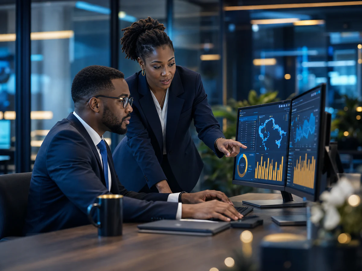 Financial services professionals reviewing secure business analytics