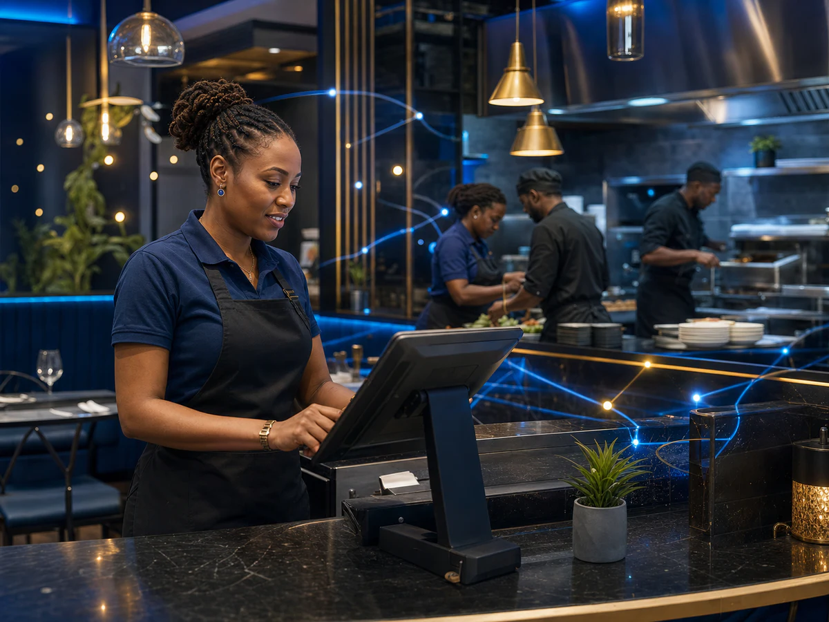 Restaurant manager using connected point-of-sale technology with the operations team